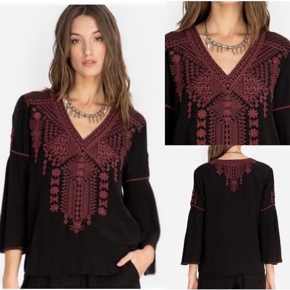 Johnny Was Workshop Gene Swing Blouse, Embroidered Silk Bell Sleeve Top - Picture 1 of 11